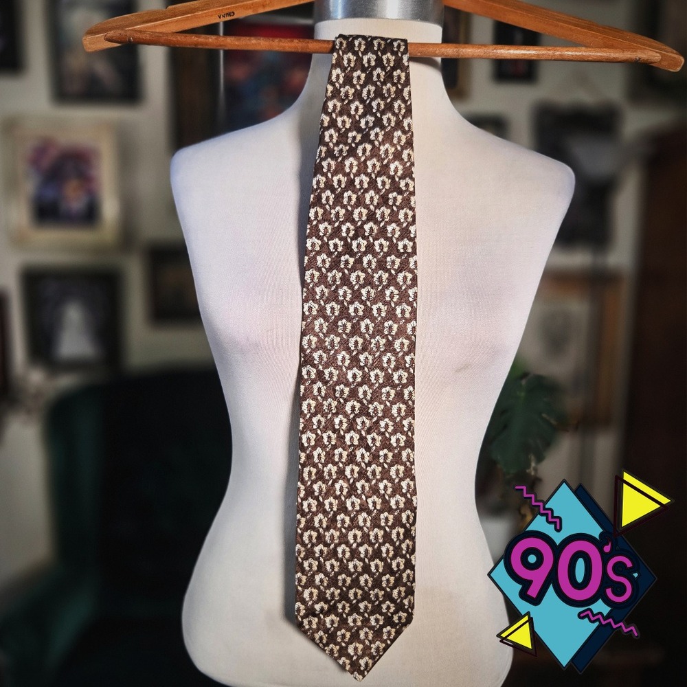 Structure Silk Tie Vintage 90s Brown Floral Pattern Retro Mens Necktie USA Made